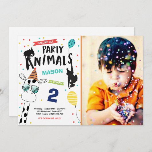 パーティー好きな人の誕生日の招待状の動物園の野生の黒 招待状 (正面/裏面)