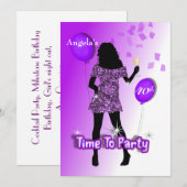 パーティー好きな女の子の紫色の派手な時間 パーソナライズド 招待状 (正面/裏面)