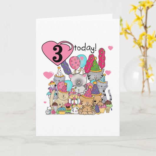 パーティー子猫誕生日Tシャツとギフト カード (黄色い花)