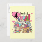 パーティー子猫4歳の誕生日Tシャツとプレゼント インビテーションポストカード (正面/裏面)