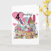 パーティー子猫4歳の誕生日Tシャツとプレゼント カード (黄色い花)