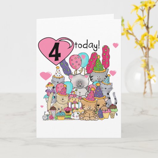 パーティー子猫4歳の誕生日Tシャツとプレゼント カード (黄色い花)
