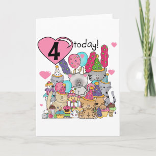 パーティー子猫4歳の誕生日Tシャツとプレゼント カード