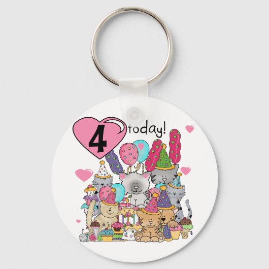 パーティー子猫4歳の誕生日Tシャツとプレゼント キーホルダー (正面)