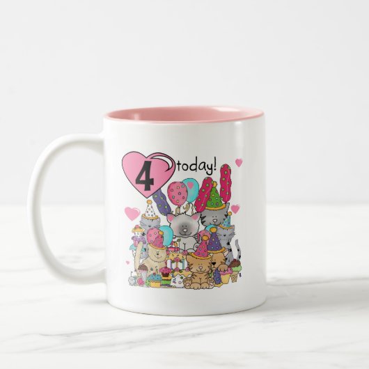 パーティー子猫4歳の誕生日Tシャツとプレゼント ツートーンマグカップ (左)