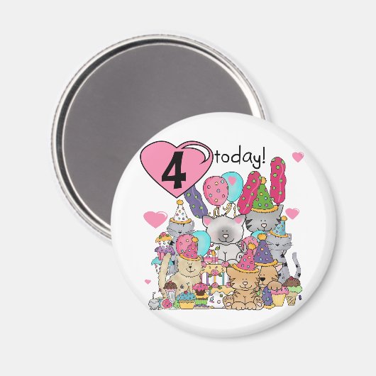 パーティー子猫4歳の誕生日Tシャツとプレゼント マグネット (正面/裏面)