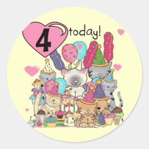 パーティー子猫4歳の誕生日Tシャツとプレゼント ラウンドシール