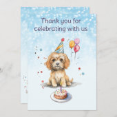 パーティー帽をかぶったかわいい子犬の誕生日 サンキューカード (正面/裏面)