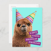 パーティー帽をかぶったアルパカ インビテーションポストカード (正面/裏面)