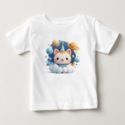 パーティー帽をかぶった雲の上の可愛い漫画の猫 ベビーTシャツ (正面)