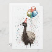 パーティー帽子とバルーン付きEmuフラットグリーティングカード サンキューカード (正面/裏面)