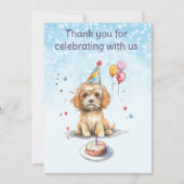 パーティー帽子をかぶったかわいい子犬の誕生日 サンキューカード (正面)