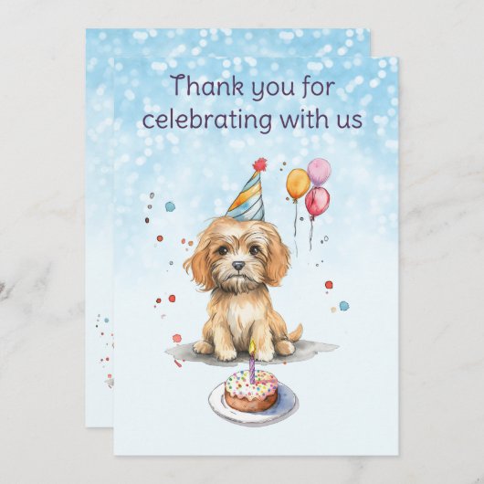 パーティー帽子をかぶったかわいい子犬の誕生日 サンキューカード (正面/裏面)