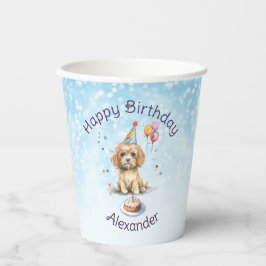 パーティー帽子をかぶったかわいい子犬の誕生日 紙コップ