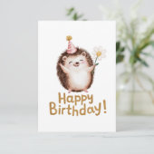 パーティー帽子をかぶったチャーミングなハリネズミの誕生日デザイン サンキューカード (スタンド正面)