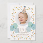 パーティー帽子&バルーン青い写真1st誕生日 招待状 (正面)