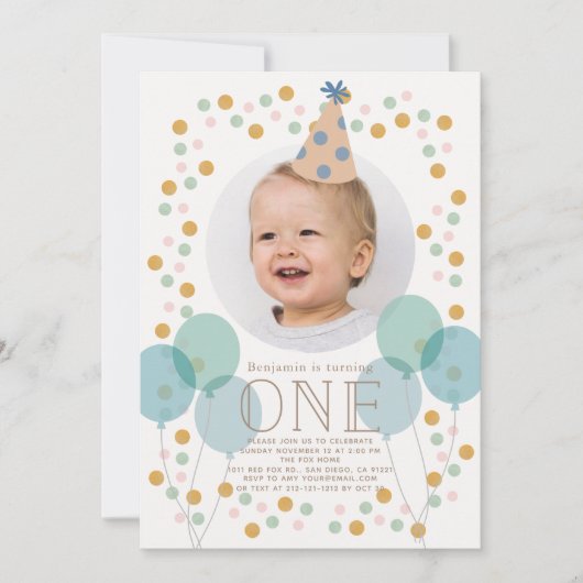 パーティー帽子&バルーン青い写真1st誕生日 招待状 (正面)