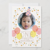 パーティー帽子・風船ピンク写真1st誕生日 招待状 (正面)