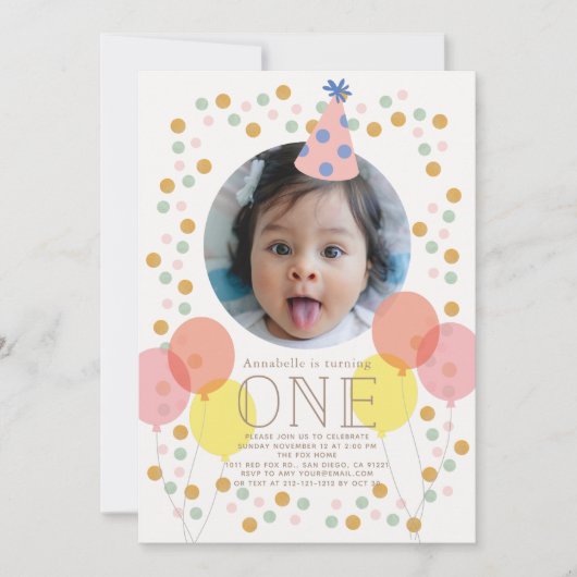 パーティー帽子・風船ピンク写真1st誕生日 招待状 (正面)