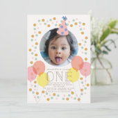 パーティー帽子・風船ピンク写真1st誕生日 招待状 (スタンド正面)