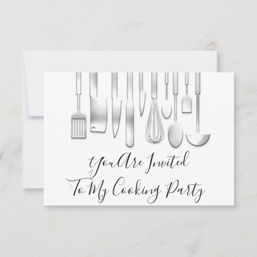 パーティー料理人キッチン レストラン 白 グレー 招待状 (正面)