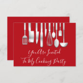 パーティー料理人キッチン レストラン 赤 シルバー 招待状 (正面/裏面)