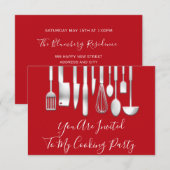 パーティー料理 シェフ キッチン レストラン 赤 銀 招待状 (正面/裏面)