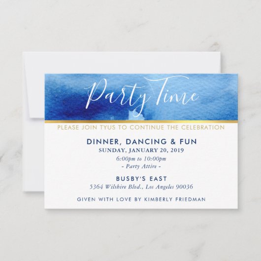 パーティー時間お祝い頭が切れる金ゴールド青色水色 招待状 (正面)