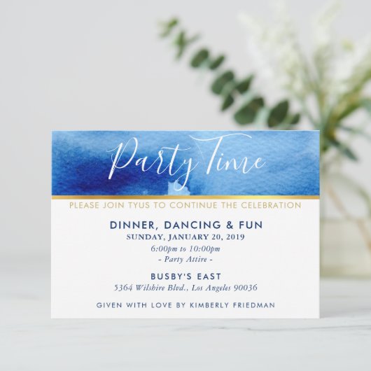 パーティー時間お祝い頭が切れる金ゴールド青色水色 招待状 (スタンド正面)