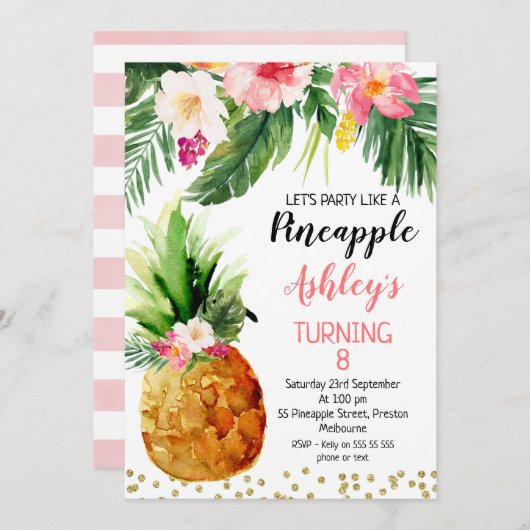パーティー様のパイナップルフローラ誕生日 招待状 (正面/裏面)