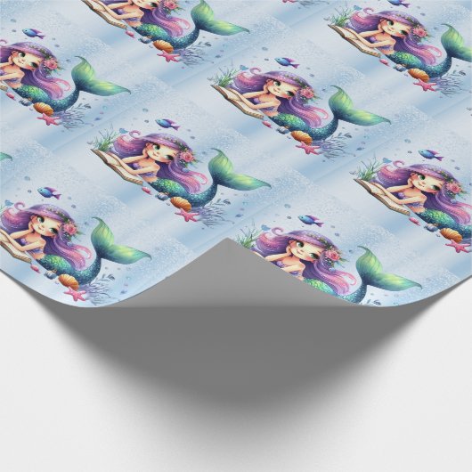 パーティー水彩人魚の海の生活かわいい美しい ラッピングペーパー (角)