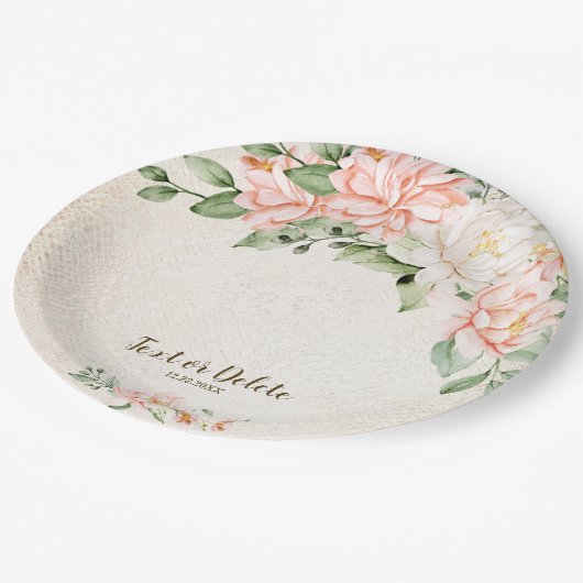 パーティー水彩桃白エレガント花 ペーパープレート (アングル)