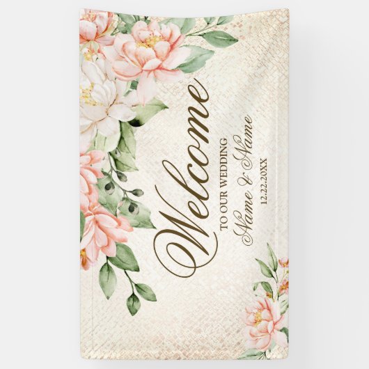 パーティー水彩桃白エレガント花 横断幕 (縦)