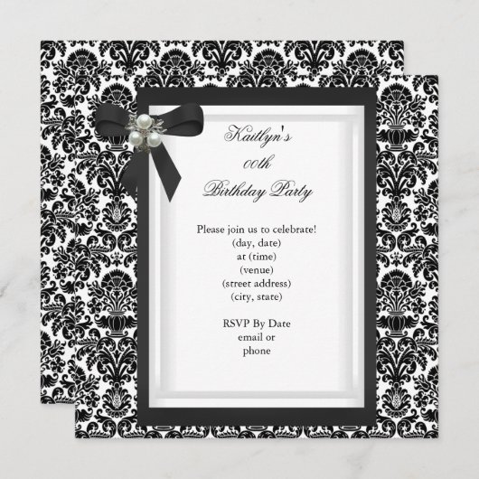 パーティー白黒ダマスクパールジュエルイメージ 招待状 (正面/裏面)