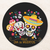 パーティー砂糖スカルと花 ラウンドペーパーコースター (正面)