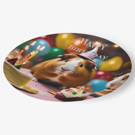 パーティー祝の豚とケーキと風船 ペーパープレート (アングル)