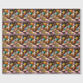 パーティー祝の豚とケーキと風船 ラッピングペーパー (フラット)