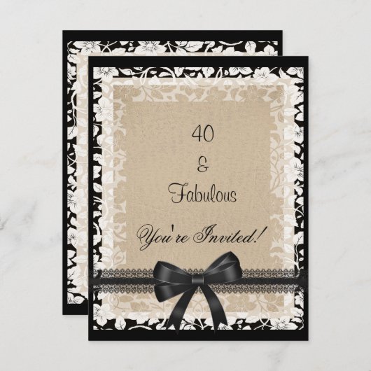 パーティー素晴らしい40白黒ベージュフローラ 招待状 (正面/裏面)