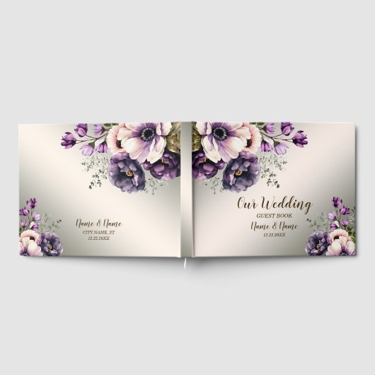 パーティー紫色のピンクの花が金色エレガント ゲストブック (全面)