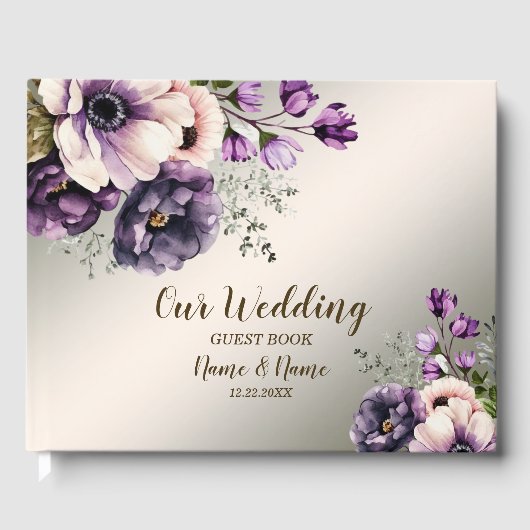 パーティー紫色のピンクの花が金色エレガント ゲストブック (正面)
