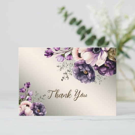パーティー紫色のピンクの花が金色エレガント サンキューカード (スタンド正面)