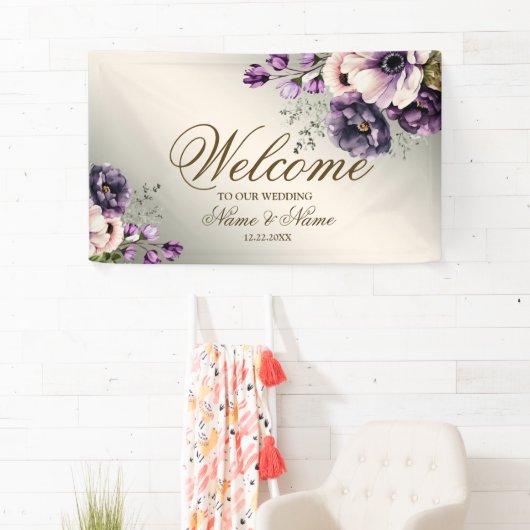 パーティー紫色のピンクの花が金色エレガント 横断幕 (インサイチュ)