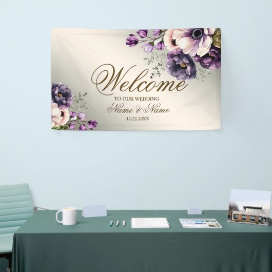 パーティー紫色のピンクの花が金色エレガント 横断幕 (トレードショー)