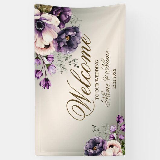 パーティー紫色のピンクの花が金色エレガント 横断幕 (縦)