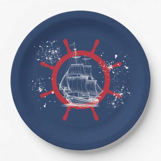 パーティー航海のサイルボートブルー ペーパープレート (正面)