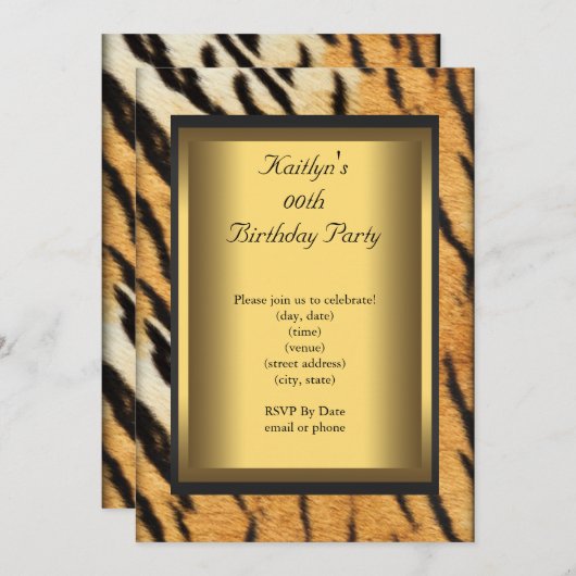 パーティー誕生日タイガー動物金ゴールド 招待状 (正面/裏面)