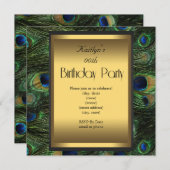 パーティー誕生日ピーコックグリーンブルー金ゴールド 招待状 (正面/裏面)