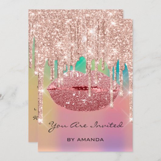 パーティー誕生日16thキスリップバラグリッター 招待状 (正面/裏面)