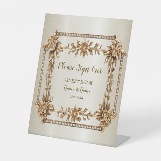 パーティー金ゴールド華美四角形Dimond花シャイニー 台座サイン (正面)