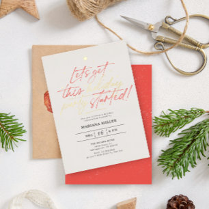 パーティー開始スクリプトレッドクリスマスホリデーパーティー 箔招待状